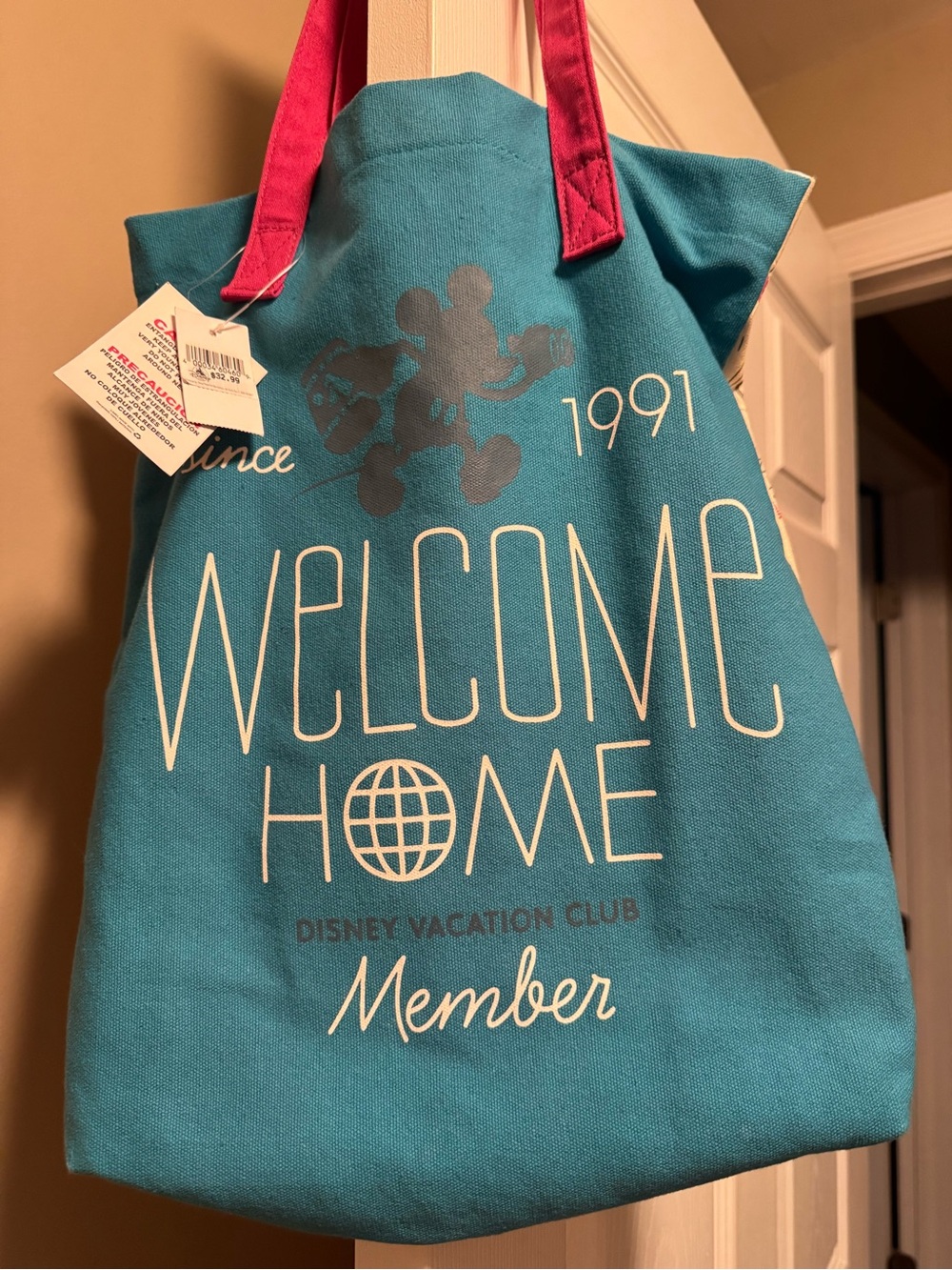 Disney Teal Tote Bag with Pink Handles "Welcome Home"